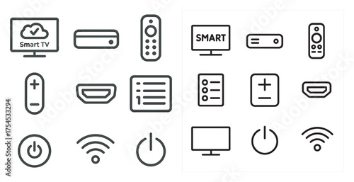 Smart tv outline icons set – linear, minimalist, home entertainment symbols