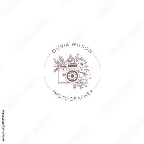 Elegant photographer logo design, perfect for branding, websites, and social media, featuring a vintage camera with floral accents in a sophisticated color palette