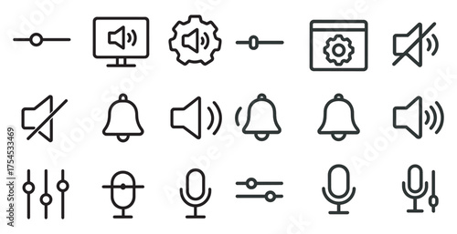 Audio and sound controls outline icons set – music, speaker, volume symbols