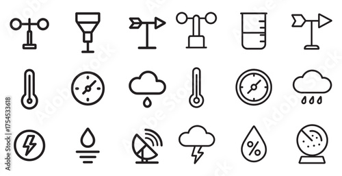 Weather and climate icons set – outline, linear, meteorological and atmospheric symbols