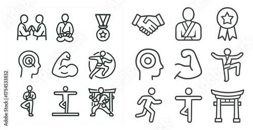 Martial arts linear icons set – outline, combat, sports symbols collection