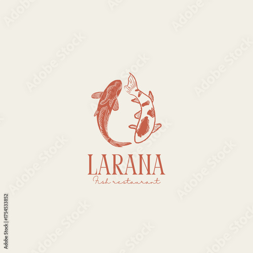 Elegant logo design with koi fish, perfect for a modern seafood restaurant or Asian-inspired brand identity with a handcrafted feel and earthy tones