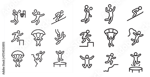 Sports and fitness outline icons set – linear, athletics, outdoor activities symbols