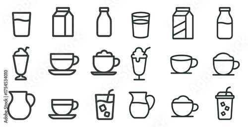 Beverage and drink outline icons set – flat, filled, cup and glass symbols