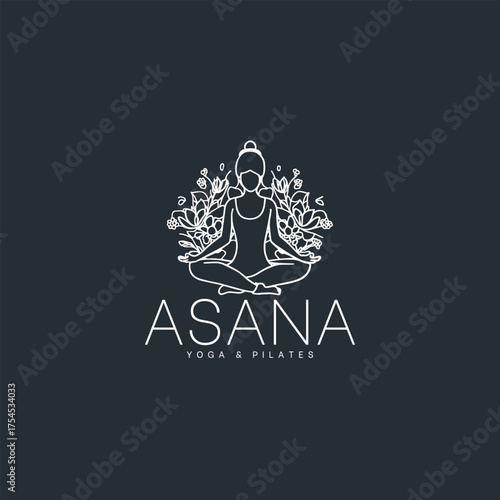 Elegant Asana Yoga and Pilates Studio Logo Design for a Modern Wellness Brand with Meditating Figure and Floral Accents for Health and Fitness
