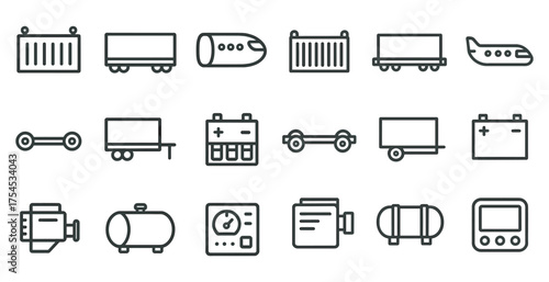 Transportation and logistics outline icons set – linear, silhouette, shipping symbols