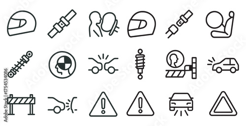 Automobile and safety outline icons set – vehicle, seat belt, crash symbols