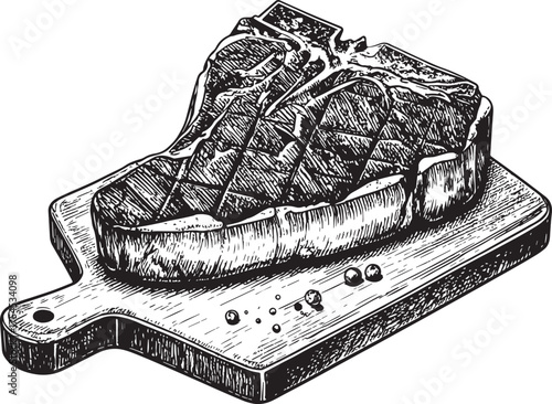 Steak t-bone on a wood cutting board hand drawn vector illustration