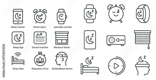 Sleep and relaxation line icons set – outline, calm, restful symbols and concepts