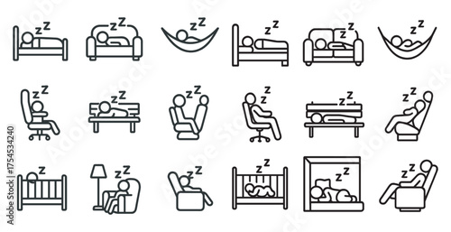Sleeping and rest outline icons set – linear, bedtime, relaxation symbols