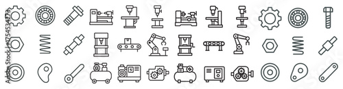 Industrial machinery outline icons set – engineering, tools, manufacturing symbols