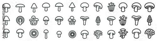 Mushroom outline icons set – silhouette, fungi, nature and forest symbols