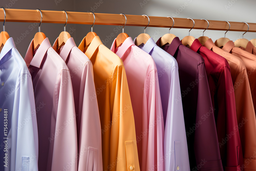 Fototapeta premium Colorful assortment of dress shirts displayed on hangers in a retail store showcasing various shades and styles