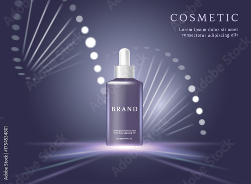 Cosmetic product ads template on black background with light and DNA.
