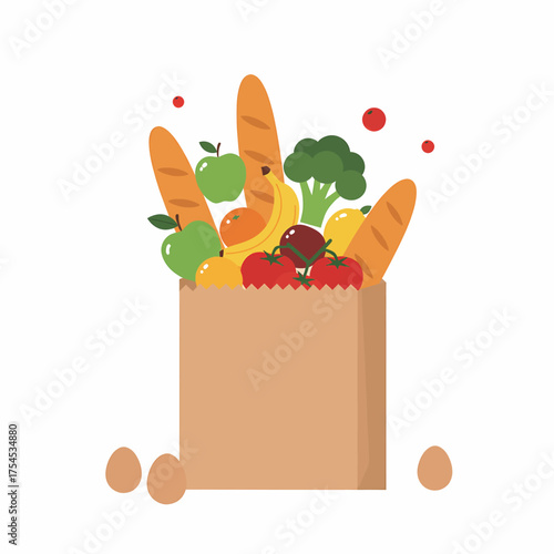 Flat Illustration Full Grocery Bag with Fresh Food Items