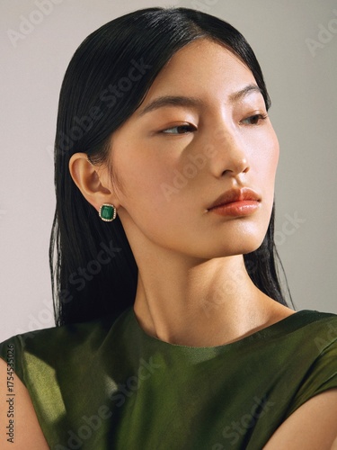Elegant woman in a green top with subtle makeup and earrings, exuding modern beauty.