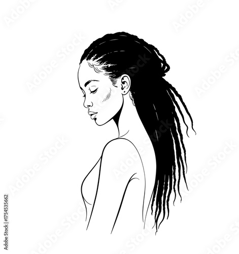 Hand-drawn abstract fashion illustration of imaginary  afro model with dreadlocks hairstyle

