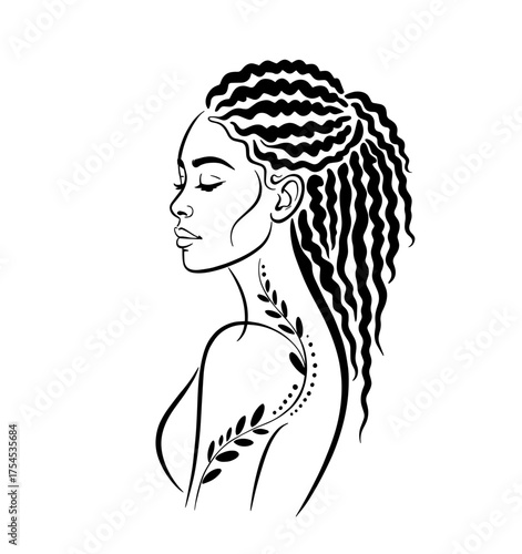 Hand-drawn abstract fashion illustration of imaginary  afro model with dreadlocks hairstyle
