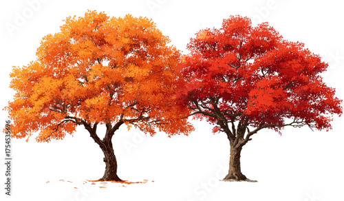 Two trees with vibrant fall foliage, one orange, the other red, isolated on a transparent background