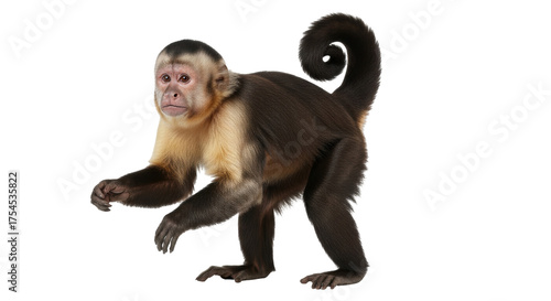 Isolated Capuchin Monkey Standing on All Fours and Looking Ahead Curious and Focused