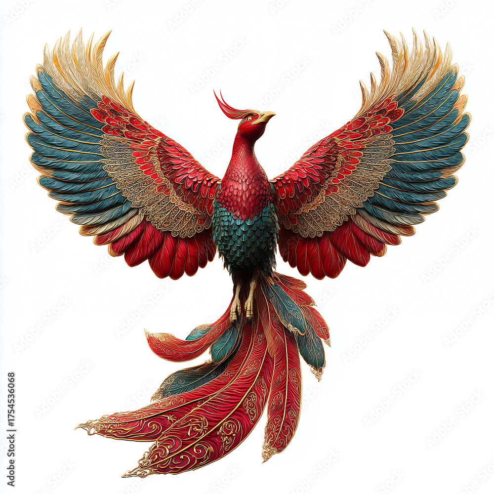 Obraz premium Majestic phoenix bird with golden and red ornamental feathers