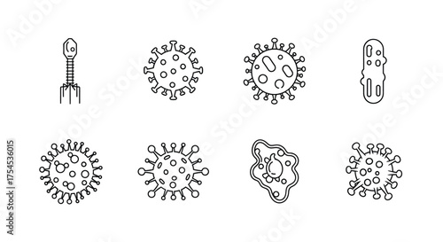 Set of eight different virus icons isolated on white background