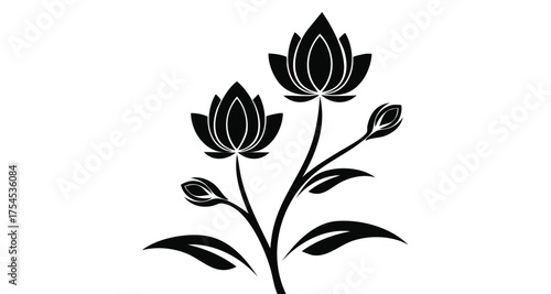 A detailed black silhouette illustration of a blooming flower cluster with multiple blossoms