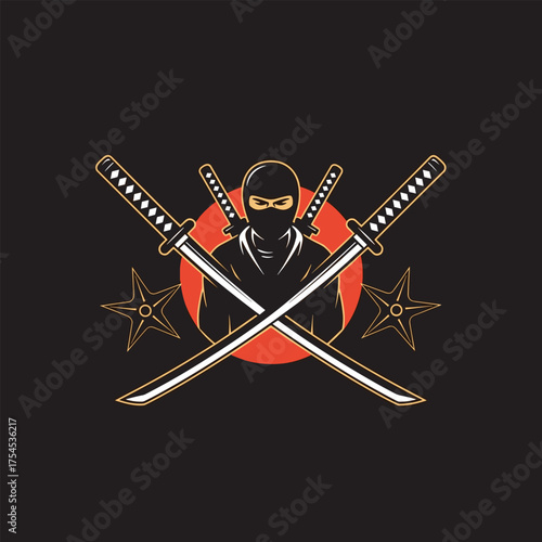A graphic of a ninja warrior with crossed swords and shurikens.