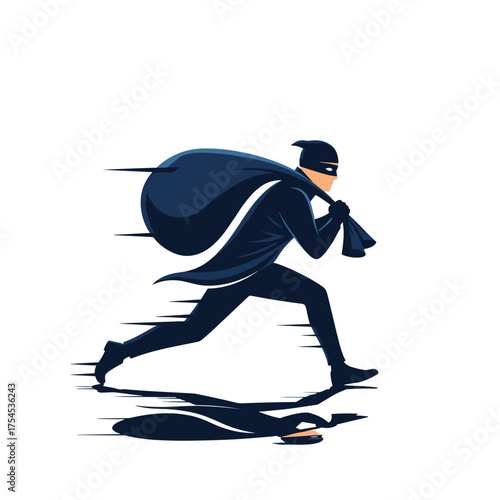 A sneaky thief in a mask runs fast with a stolen bag of loot.