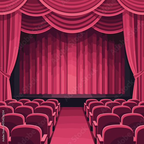 An empty theater with rows of red seats awaits a performance.