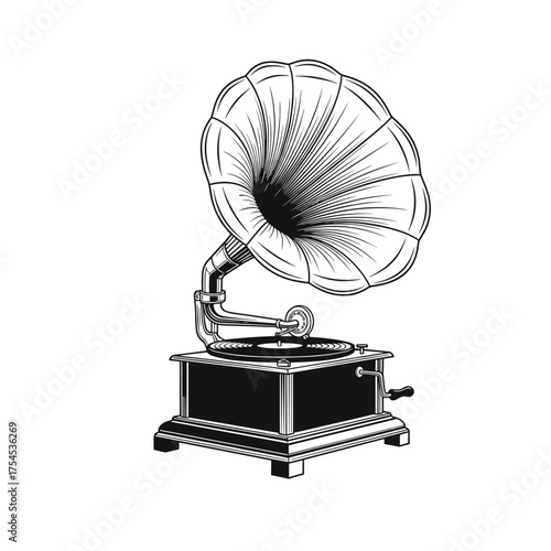 A vintage gramophone with a horn is ready to play music for you.