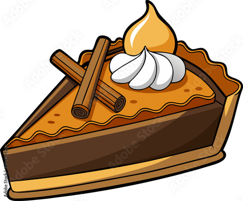  Pumpkin pie slice with whipped cream and cinnamon sticks. black illustration  white background