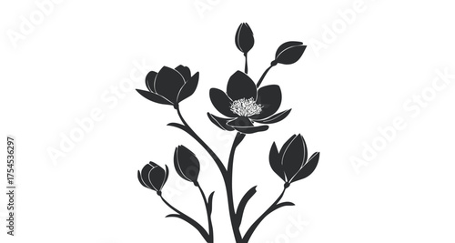 A detailed black silhouette illustration of a blooming flower cluster with multiple blossoms