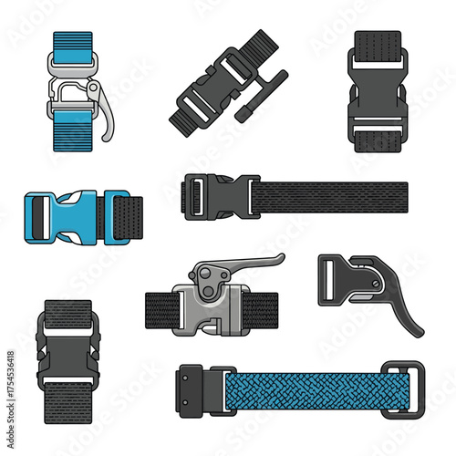 A collection of various plastic and metal buckle types for bags and straps.