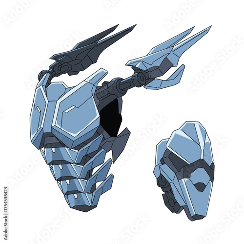 Futuristic robotic shoulder armor and helmet design concept.