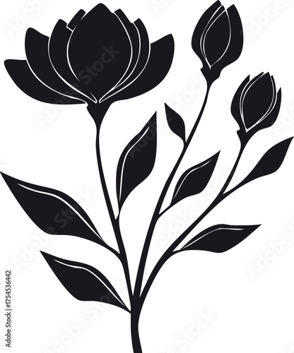 black silhouette illustration of a blooming flower cluster with multiple blossoms