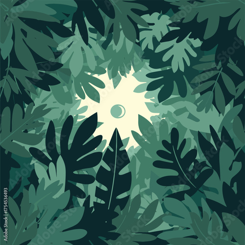 Lush green foliage peeking through a bright forest canopy.