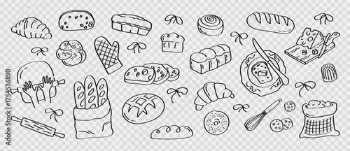 A set of hand-drawn pastries and bread illustrations for cafe branding, packaging, and kitchen design. perfect for bakery branding, menu design, kitchen posters, food blogs and recipe cards.