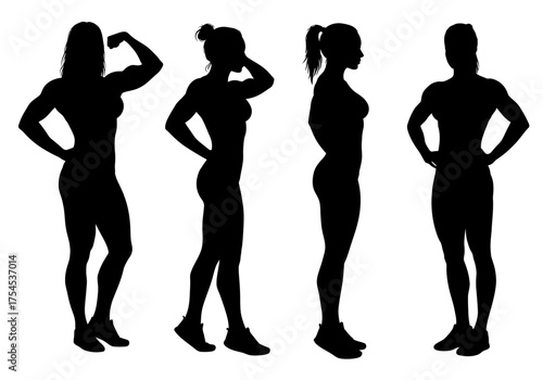 Woman weightlifter and bodybuilder silhouette with different poses. Female bodybuilder silhouette standing in different positions. Gym girl silhouette. Female gymnast silhouette with muscular bodies.