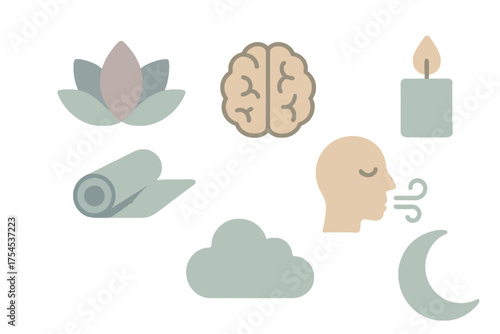 Collection of icons representing mindfulness meditation yoga brain health and relaxation