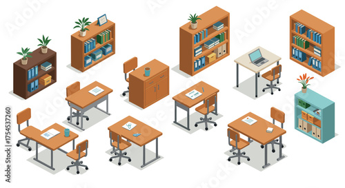Isometric office furniture set with desks, chairs, and bookshelves for modern workplace design