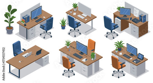 Modern isometric office desk setups with ergonomic chairs and plants