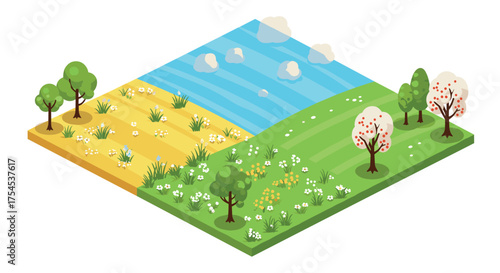 Isometric landscape with seasonal changes and blooming trees in spring and summer