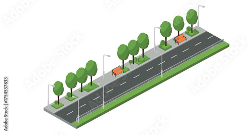 Urban sidewalk scene with trees and benches in isometric style