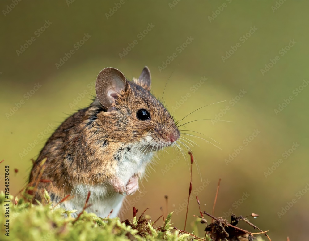 Obraz premium Small brown mouse Microtus arvalis exploring a lush, green forest floor during daylight hours in spring
