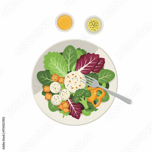 Flat Lay Illustration of Delicious and Healthy Salad with Dressing Bowl