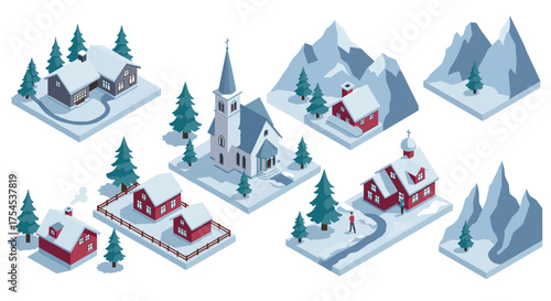 Charming winter village with snow-covered buildings and mountains in isometric design