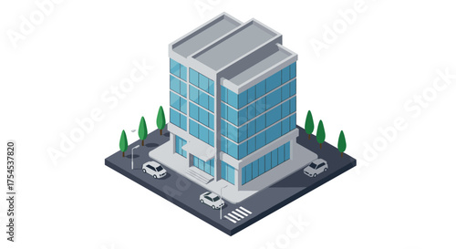 Modern office building isometric design with cars and trees