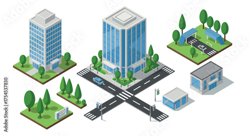 Isometric urban cityscape with buildings, roads, and green spaces