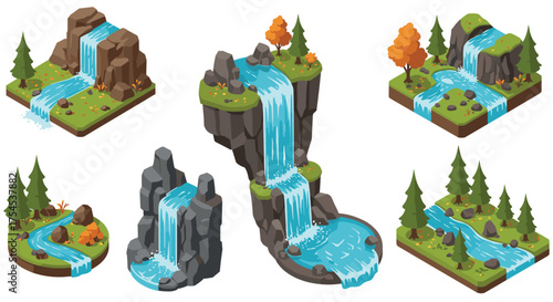 Isometric nature set with waterfalls and forests in autumn and summer themes
